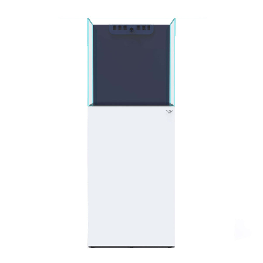 Nyos OPUS G2 200 Slim-Line reef aquarium on white cabinet, front view