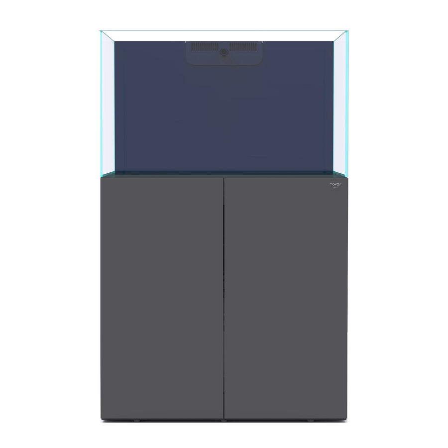 Nyos OPUS G2 300 Slim-Line reef aquarium on basalt grey cabinet, front view