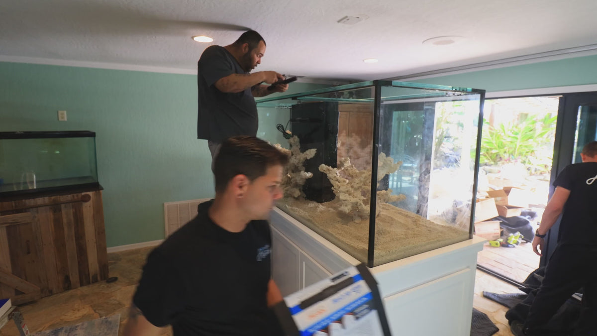 Installer aquascaping live rock inside a newly installed custom aquarium