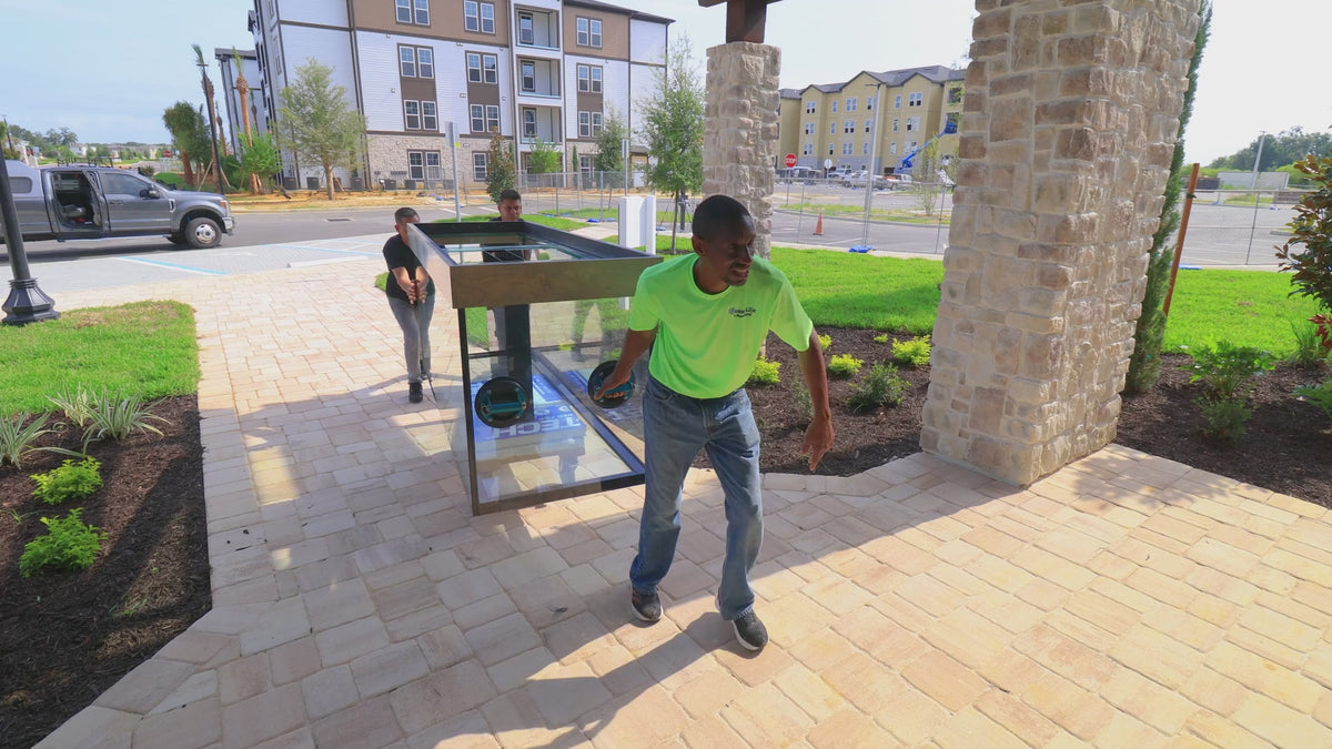Top Shelf Aquatics installers carrying a large rimless glass aquarium into place