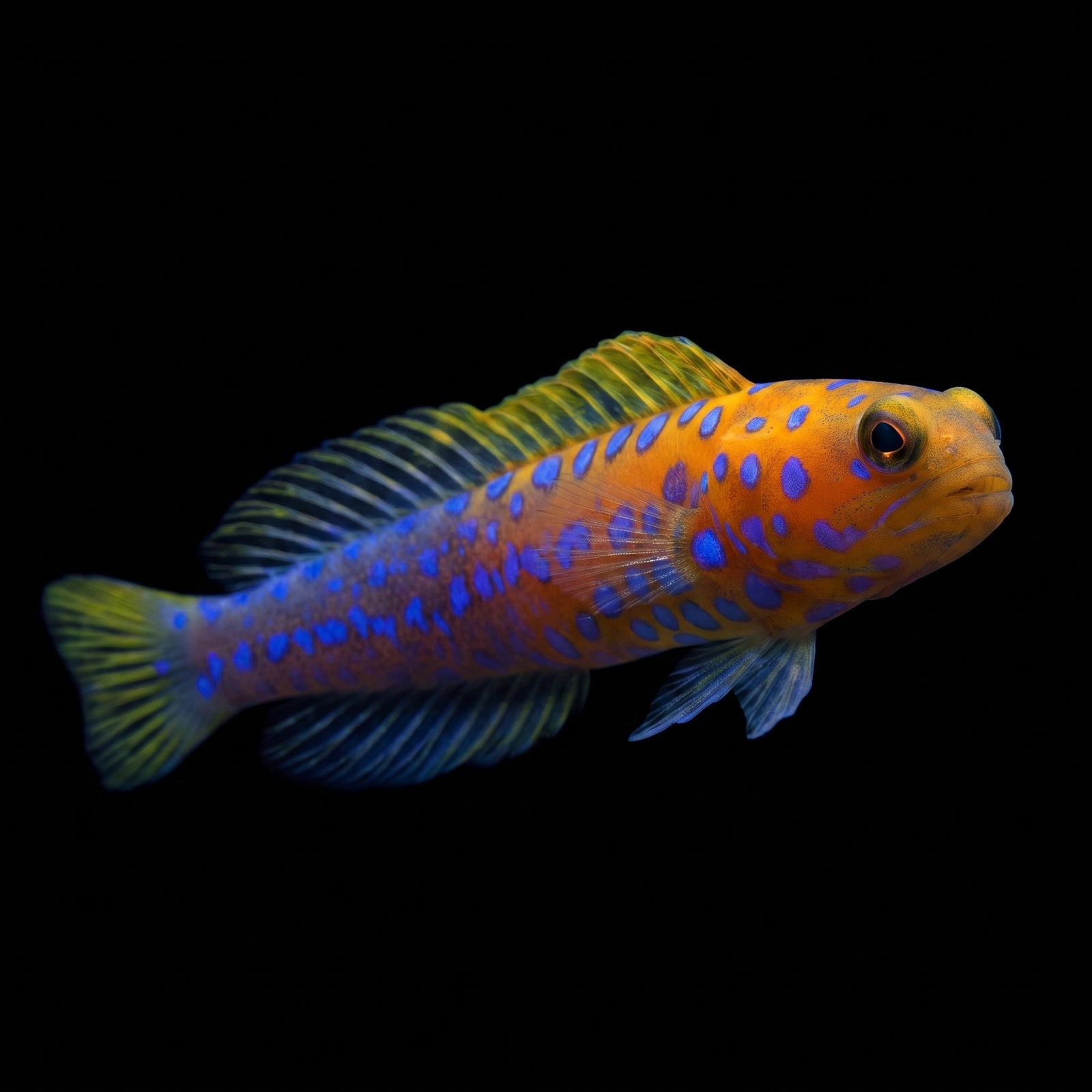 Blue Spotted Jawfish (Opistognathus rosenblatti) saltwater aquarium fish portrait