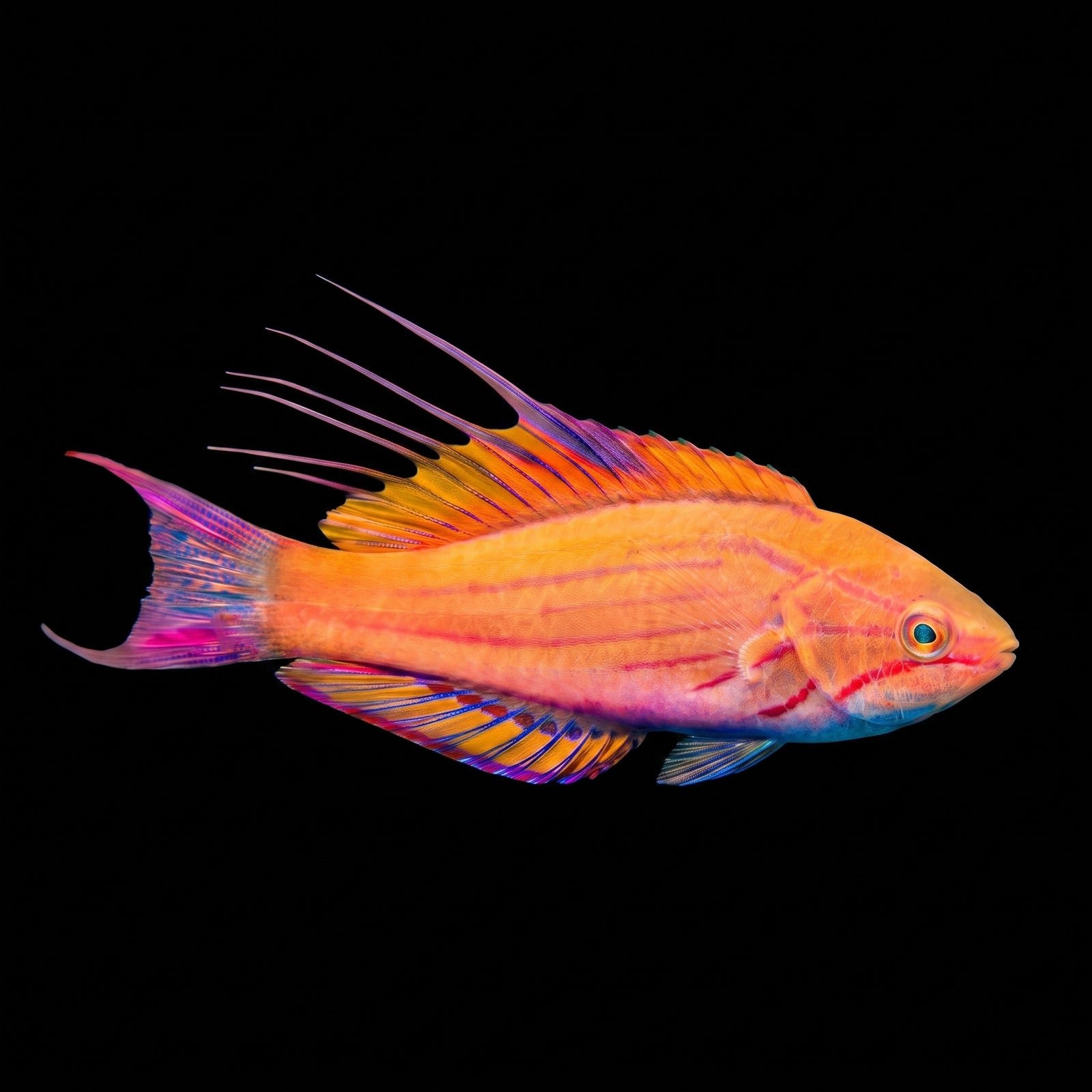Filamented Flasher Wrasse (Paracheilinus Filamentosus) saltwater aquarium fish portrait