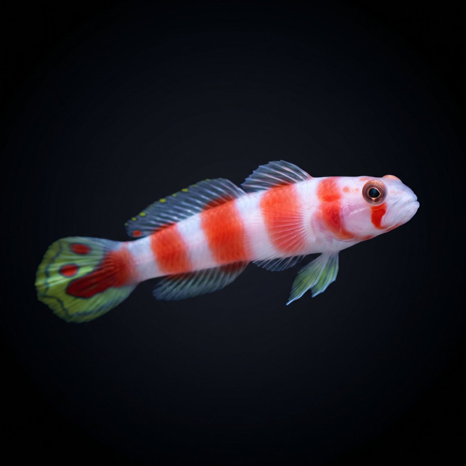 Flagtail Pinkbar Goby (Amblyeleotris wheeleri) saltwater aquarium fish portrait