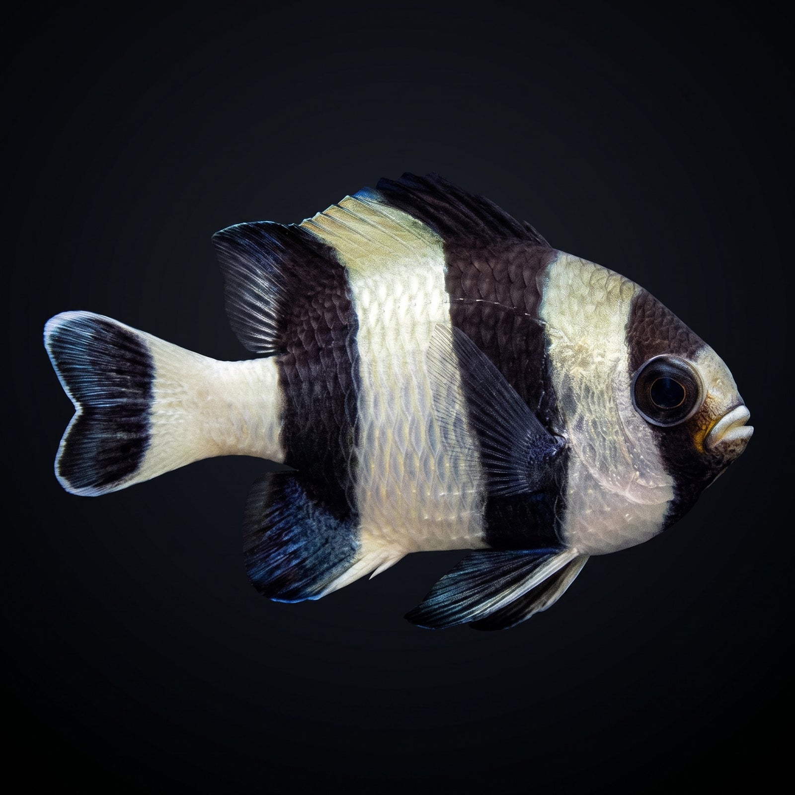 Four Stripe Damselfish (Dascyllus Melanurus) saltwater aquarium fish portrait