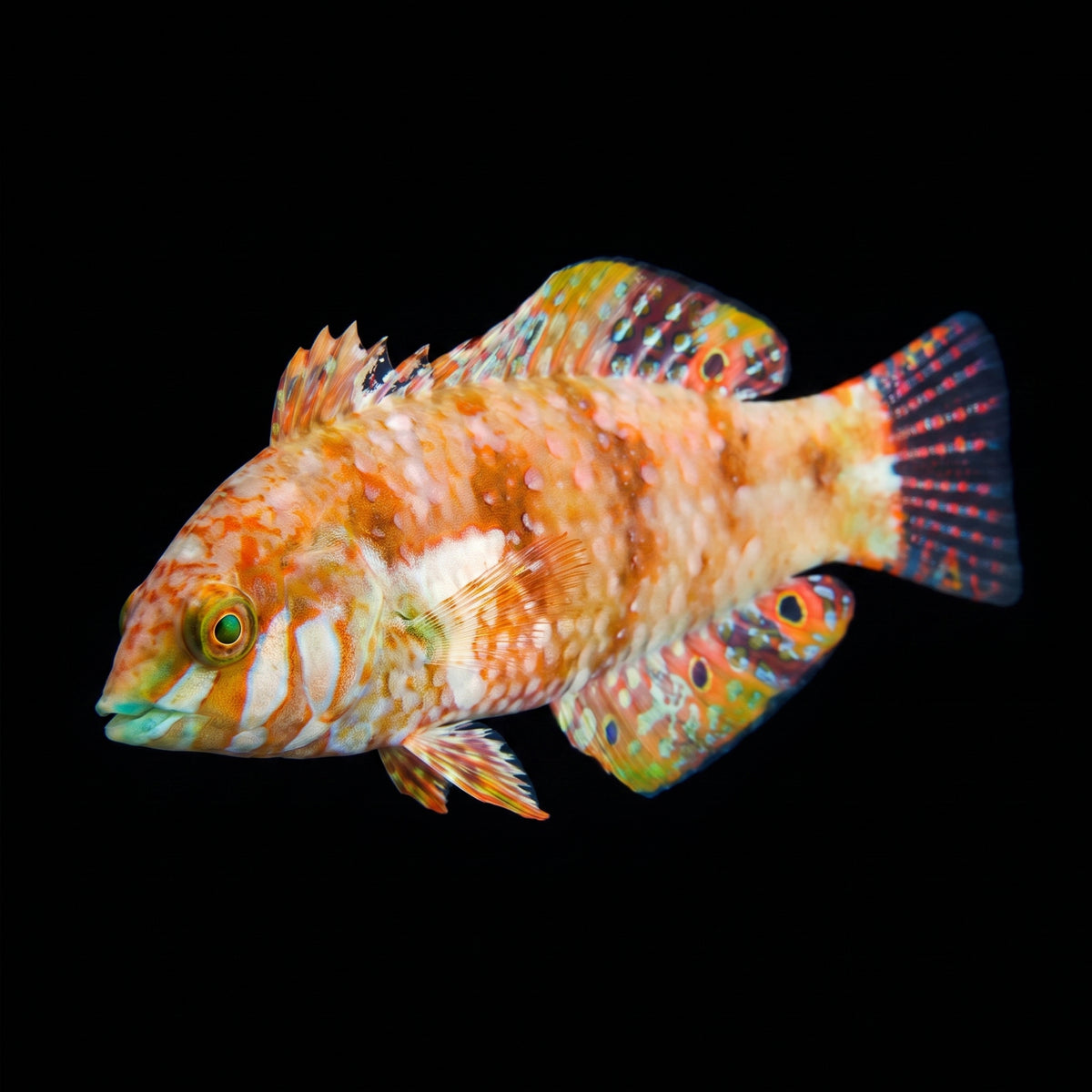 Gold Nugget Finspot Wrasse (Xenojulis Margaritacea) saltwater aquarium fish portrait